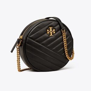 Tory Burch Kira Black Leather Chevron Quilted Circle Crossbody Bag